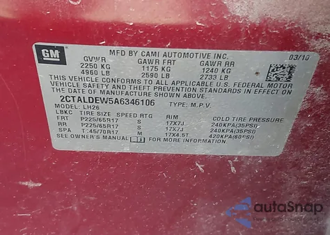 2010 GMC Terrain Sle-2 z USA, uszkodzony, nr VIN 2CTALDEW5A6346106